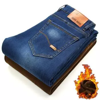 Осенние и зимние плотные и теплые мужские джинсы с бархатом, эластичные, прямые и свободные деловые джинсы 28