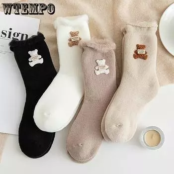 Осенние и зимние плюшевые утолщенные термоноски, женские средние носки-трубочки, белые махровые носки-тапочки с медведем, милые носки для сна one size