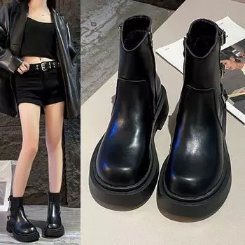 Осенние и зимние полусапожки в британском стиле с круглым носком, женские короткие сапоги с толстой подошвой, с пряжкой на ремне, тонкие сапоги 35 чёрный