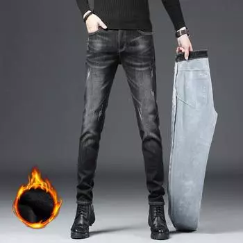 Осенние и зимние повседневные эластичные джинсы мужские модные корейские молодежные теплые бархатные джинсы 28 синий