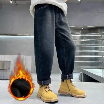 Осенние и зимние повседневные брюки для мальчиков Джинсы для мальчиков плюс утолщенные брюки из бархата Детская одежда 170 синий