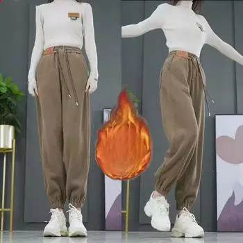 Осенние и зимние повседневные шаровары из синели и бархата, толстые брюки для женщин XXXL чёрный