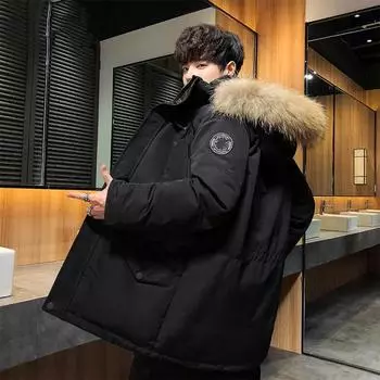 Осенние и зимние пуховики для мужчин, модели средней и длинной длины, мужские хлопковые куртки, толстые пальто, меховые воротники, хлопковые куртки, зимняя одежда M чёрный