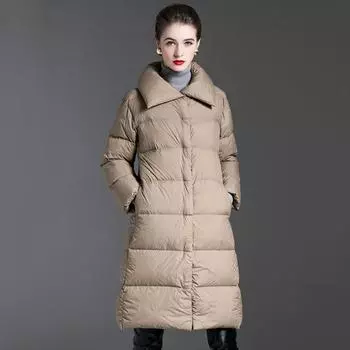 Осенние и зимние пуховики средней и толстой длины, женские свободные куртки средней и длинной длины выше колена больших размеров, а также теплые куртки с высоким воротником. M хаки