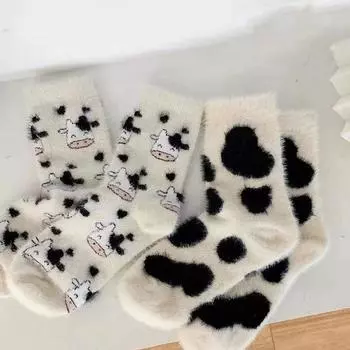 Осенние и зимние пушистые носки женские бархатные милые мягкие носки с коровьими пятнами для девочек носки-тапочки домашние носки в трубке для сна All code