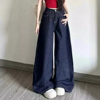 Осенние и зимние ретро-джинсы с высокой талией для женщин, черные, High Street Vibe, широкие джинсы для женщин, стираные, свободные, прямые брюки XXL синий
