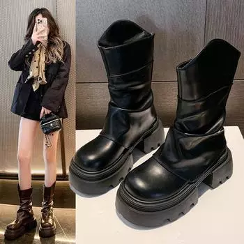 Осенние и зимние ретро-сапоги до середины голени женские в британском стиле на толстом каблуке с толстой подошвой коричневые многослойные брюки короткие сапоги 35 коричневый