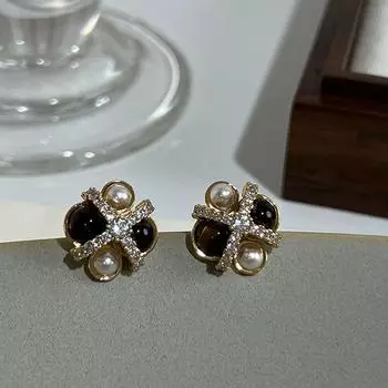 Осенние и зимние ретро серьги-гвоздики с жемчугом и тигровым глазом, женские серьги в стиле Майяра, элегантные, модные, универсальные серьги для поездок на работу