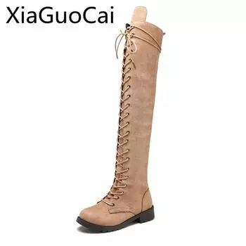 Осенние и зимние ретро женские сапоги выше колена новейший стиль винтажные длинные мотоциклетные сапоги для девочек 5 чёрный