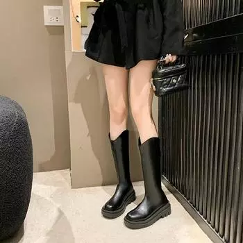 Осенние и зимние рыцарские сапоги с плюшевыми длинными сапогами для женщин 35 чёрный