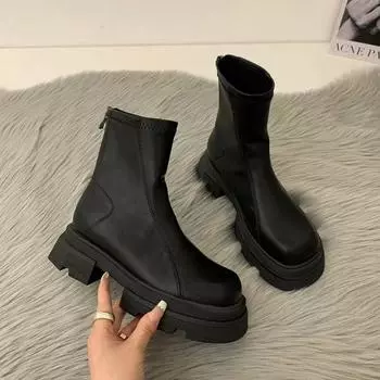 Осенние и зимние сапоги на толстой подошве Женские сапоги Весенние сапоги с подкладкой Ботильоны скинни Французские корейские короткие сапоги 35 хаки