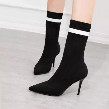 Осенние и зимние сапоги с острым носком тонкие сапоги эластичные носки сапоги сапоги на высоком каблуке вязаные носки сапоги короткие сапоги на шпильке 34 чёрный