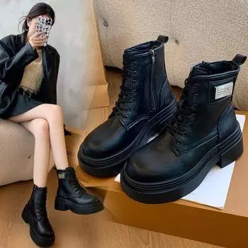 Осенние и зимние сапоги с толстой подошвой, женские сапоги, короткие сапоги со шнуровкой и круглым носком, для маленьких людей, увеличивающие рост, узкие сапоги 35