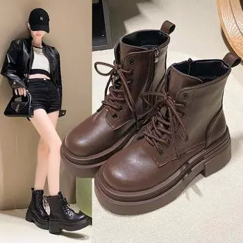 Осенние и зимние сапоги с толстой подошвой, увеличивающие рост, женские, столетние, бархатные, короткие сапоги в английском стиле, тонкие сапоги, зимние сапоги из хлопка 35 чёрный