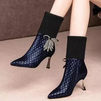 Осенние и зимние сапоги со стразами на высоком каблуке, женские короткие сапоги, сапоги на шпильках средней высоты, вязаные шерстяные женские сапоги с эластичной резинкой 34 синий