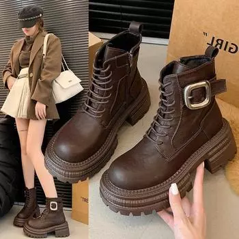 Осенние и зимние сапоги в британском стиле с увеличенным голенищем Женские короткие сапоги Универсальные женские сапоги на высоком каблуке Сапоги на толстой подошве со шнуровкой 35 чёрный