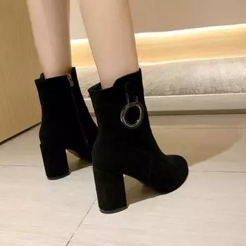 Осенние и зимние сапоги женские флисовые толстые каблуки с боковой молнией ботинки Martin интернет знаменитости тонкие полусапожки большого размера тонкие бархатные прямые сапоги 35