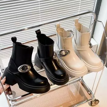 Осенние и зимние сапоги женские из коровьей кожи с круглым носком и пряжкой на ремне с толстой подошвой и толстыми берцами 35 бежевый