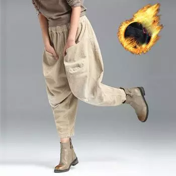 Осенние и зимние шаровары женские теплые бархатные шаровары панталоны повседневные с высокой талией толстые брюки длиной до щиколотки винтажные XXL чёрный