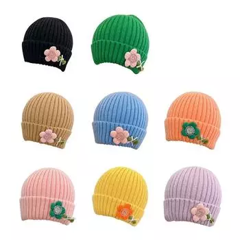 Осенние и зимние шерстяные шапки, вязаные шапки с маленькими цветами для детей