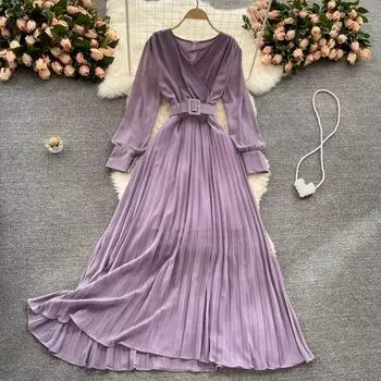 Осенние и зимние шифоновые новые женские платья с длинными рукавами ярких цветов One Size коричневый