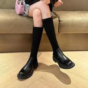 Осенние и зимние супер-стройнящие эластичные сапоги на платформе ниже колена, женские замшевые сапоги на толстом каблуке, тонкие сапоги, высокие сапоги в рыцарском стиле 35 чёрный