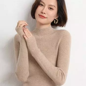 Осенние и зимние свитера-пуловеры с полувысоким воротом для женщин, облегающие, однотонные, повседневные, вязаные, базовые свитера, женская мода, простые, элегантные, трикотажные изделия 25061 S чёрный