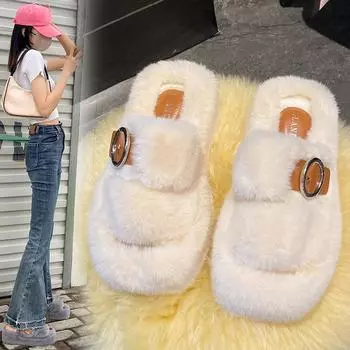 Осенние и зимние тапочки с квадратной головкой из меха, пряжка для ремня, модное утолщение, подчеркивающее внешний вид дома снаружи, теплые тапочки 35 серый