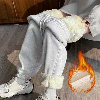 Осенние и зимние теплые флисовые широкие брюки женские модные однотонные узкие повседневные брюки с высокой талией женские однотонные элегантные плюшевые свободные женские брюки 25698 S чёрный