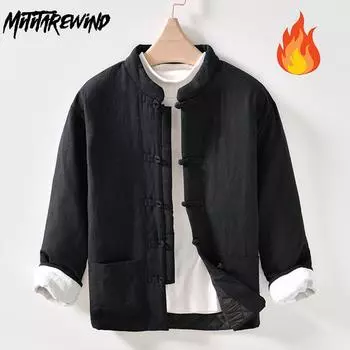 Осенние и зимние теплые куртки для мужчин, традиционная стеганая куртка в китайском стиле с пряжкой, повседневная парка с воротником-стойкой из хлопка и льна, утепленное пальто M синий