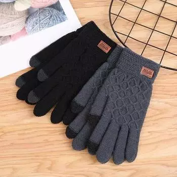 Осенние и зимние теплые лыжные перчатки, кашемировые вязаные перчатки для взрослых, утолщенные холодные перчатки с экраном One Size чёрный