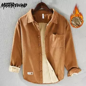 Осенние и зимние теплые мужские топы, повседневные утепленные рубашки из чистого хлопка, вельветовая рубашка с длинным рукавом и карманом, простой стиль M синий