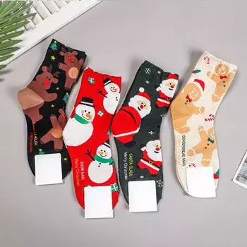 Осенние и зимние теплые рождественские носки с изображением снеговика, лося, пряника, милого мультяшного Санта-Клауса, носки до середины икры One size красный