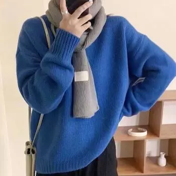 Осенние и зимние теплые свитера-пуловеры для женщин, модные свободные вязаные свитера с длинным рукавом, женские элегантные повседневные вязаные джемперы с круглым вырезом 25638 One Size белый