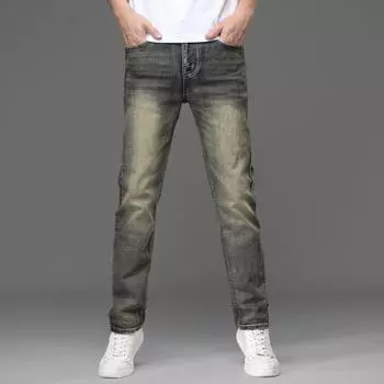 Осенние и зимние толстые американские ретро-джинсы мужские желтые грязевые крашеные облегающие прямые винтажные универсальные длинные брюки мужская одежда 28