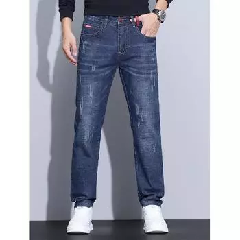 Осенние и зимние толстые джинсы мужские облегающие, маленькие, прямые, новые мужские брюки, деловые, повседневные, длинные мужские брюки, модный бренд 27 синий