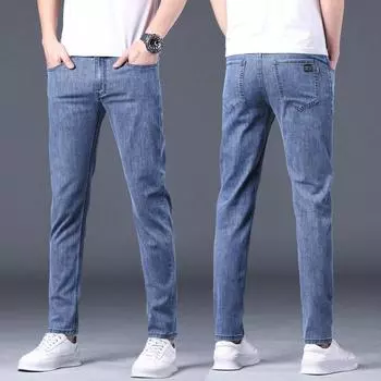 Осенние и зимние толстые джинсы мужские облегающие, маленькие, прямые, новые мужские брюки, деловые, повседневные, длинные мужские брюки, модный бренд 28 светло-синий