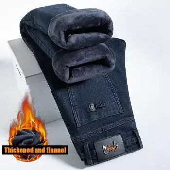 Осенние и зимние толстые джинсы мужские облегающие, маленькие, прямые, новые мужские брюки, деловые, повседневные, длинные мужские брюки, модный бренд 28