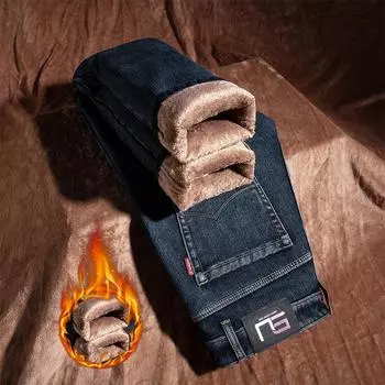 Осенние и зимние толстые джинсы мужские облегающие, маленькие, прямые, новые мужские брюки, деловые, повседневные, длинные мужские брюки, модный бренд 28 темно-синий