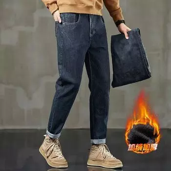 Осенние и зимние толстые мужские джинсы свободные прямые молодежные повседневные мужские брюки 2024Новые синие длинные брюки 28 синий