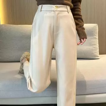 Осенние и зимние толстые шерстяные брюки-харен с высокой талией, повседневные свободные однотонные шерстяные брюки для офиса, элегантные модные винтажные женские брюки 25005 S чёрный