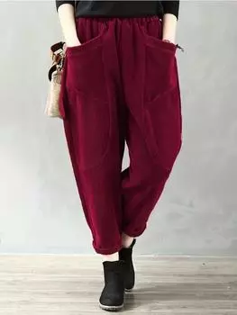 Осенние и зимние толстые вельветовые брюки Harun для женщин выглядят тонкими, сшитые эластичные повседневные брюки с высокой талией и карманами M чёрный