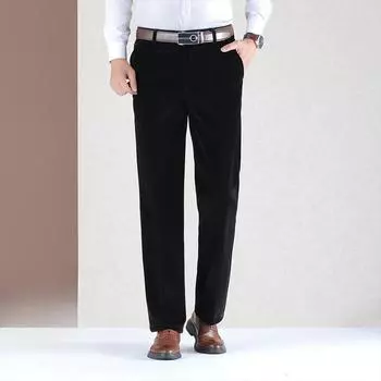 Осенние и зимние толстые вельветовые брюки в полоску для мужчин среднего возраста Повседневные брюки Деловые повседневные прямые брюки для мужчин 42 чёрный