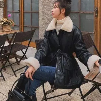Осенние и зимние топы, новые бархатные кожаные куртки для женщин, утолщенные черные локомотивные костюмы средней и длинной длины, свободные куртки на талии для женщин. S