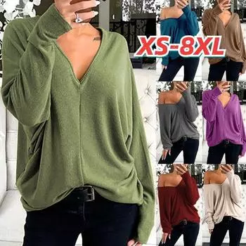 Осенние и зимние топы, женские повседневные футболки с длинными рукавами, однотонные блузки с v-образным вырезом, женские рукава «летучая мышь», большие размеры S белый