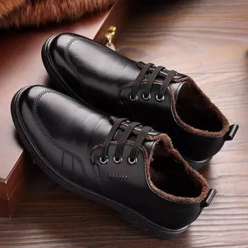 Осенние и зимние туфли из мягкой кожи, деловые повседневные туфли для мужчин, флисовые теплые хлопковые туфли, нескользящие, молодежные повседневные туфли для пап с мягкой подошвой 38