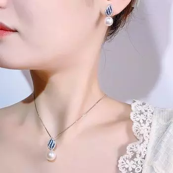 Осенние и зимние украшения, комплект из жемчуга, имитация натурального жемчуга, королевский сапфир, ожерелье, серьги-гвоздики