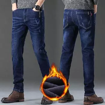 Осенние и зимние утепленные эластичные джинсы с подкладкой Мужские узкие прямые теплые джинсовые брюки Мужские брюки Tide 28