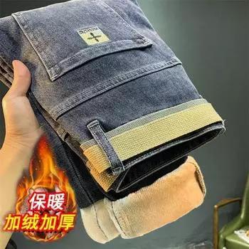 Осенние и зимние утолщенные бархатные осенние и зимние кашемировые толстые джинсы мужские эластичные облегающие длинные брюки в корейском стиле 28 синий