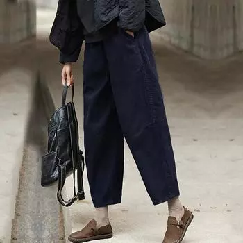 Осенние и зимние утолщенные вельветовые брюки женские свободные повседневные брюки в стиле ретро и тонкие брюки с серповидным вырезом, новые брюки-баллоны в стиле ретро M темно-коричневого